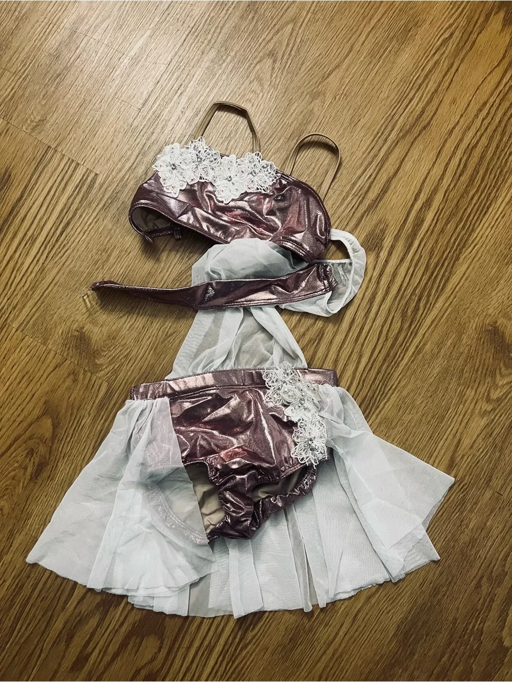 Metallic Rose one-Piece dance Set with White Mesh
